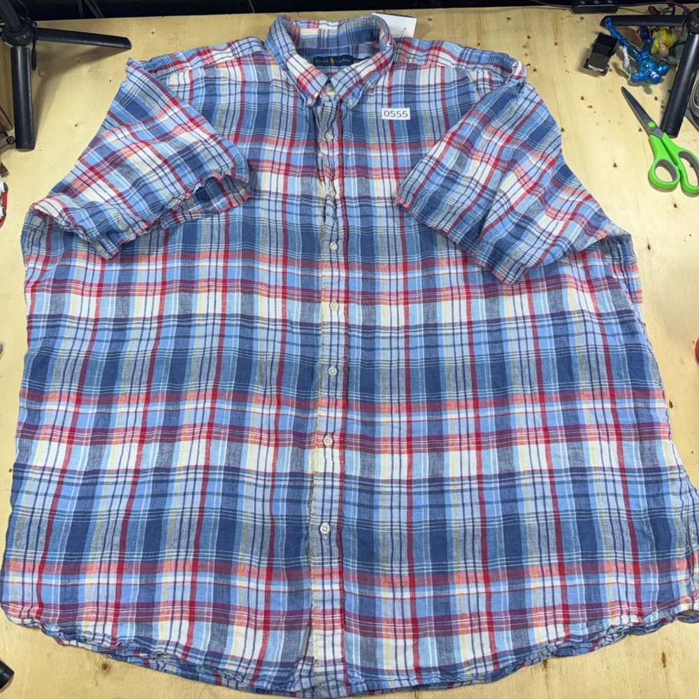 Ralph Lauren Mens 3XLT Shirt 100% Linen Plaid Short Sleeve Button Down Blue Red